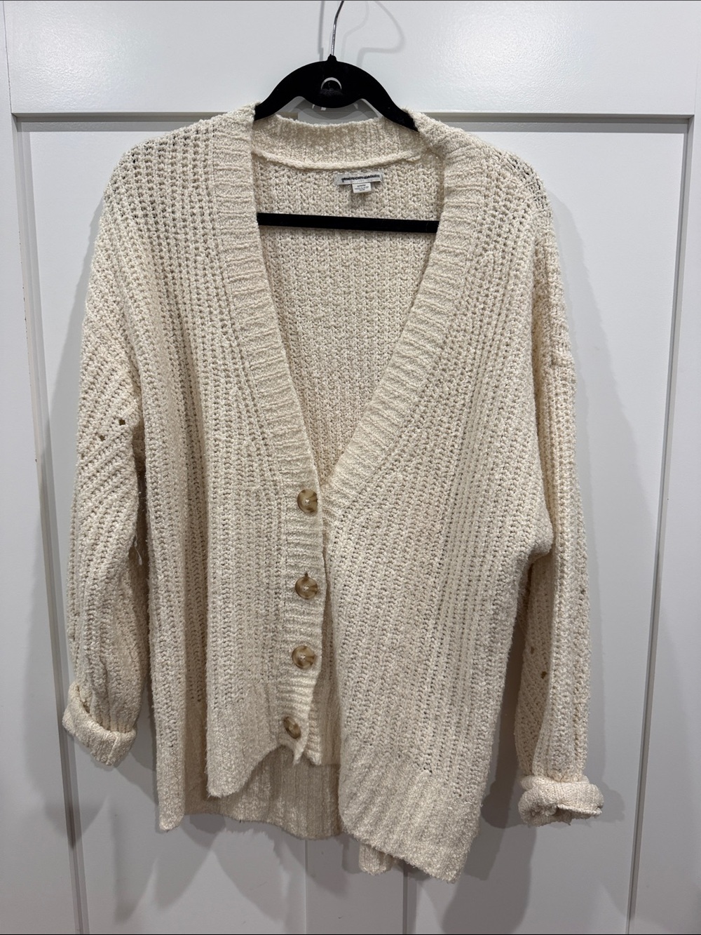 American Eagle Outfitters Cream Waffle-Knit Button Cardigan